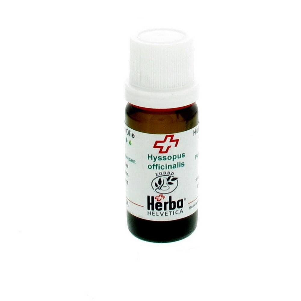 Flacone di vetro marrone con tappo bianco. Etichetta con testo e logo: Herba Helvetica, Hyssopus officinalis. Simbolo croce e foglia.