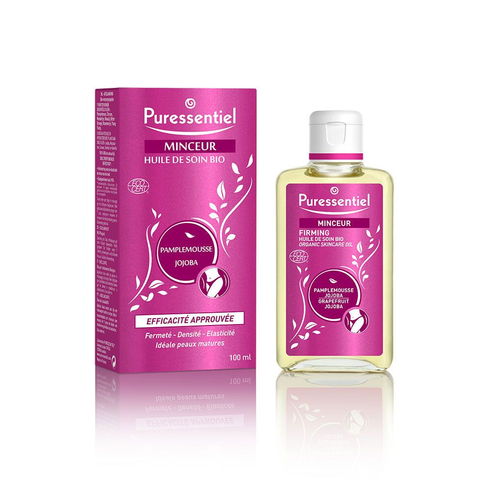 Puressentiel Olio massaggio snellente bio. Flacone e confezione. Etichetta rosa con nome, ingredienti e certificazione.