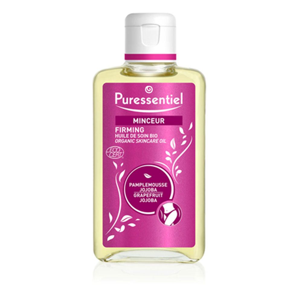 Flacone olio Puressentiel Minceur. Etichetta rosa con nome, ingredienti e certificazione. Tappo bianco.