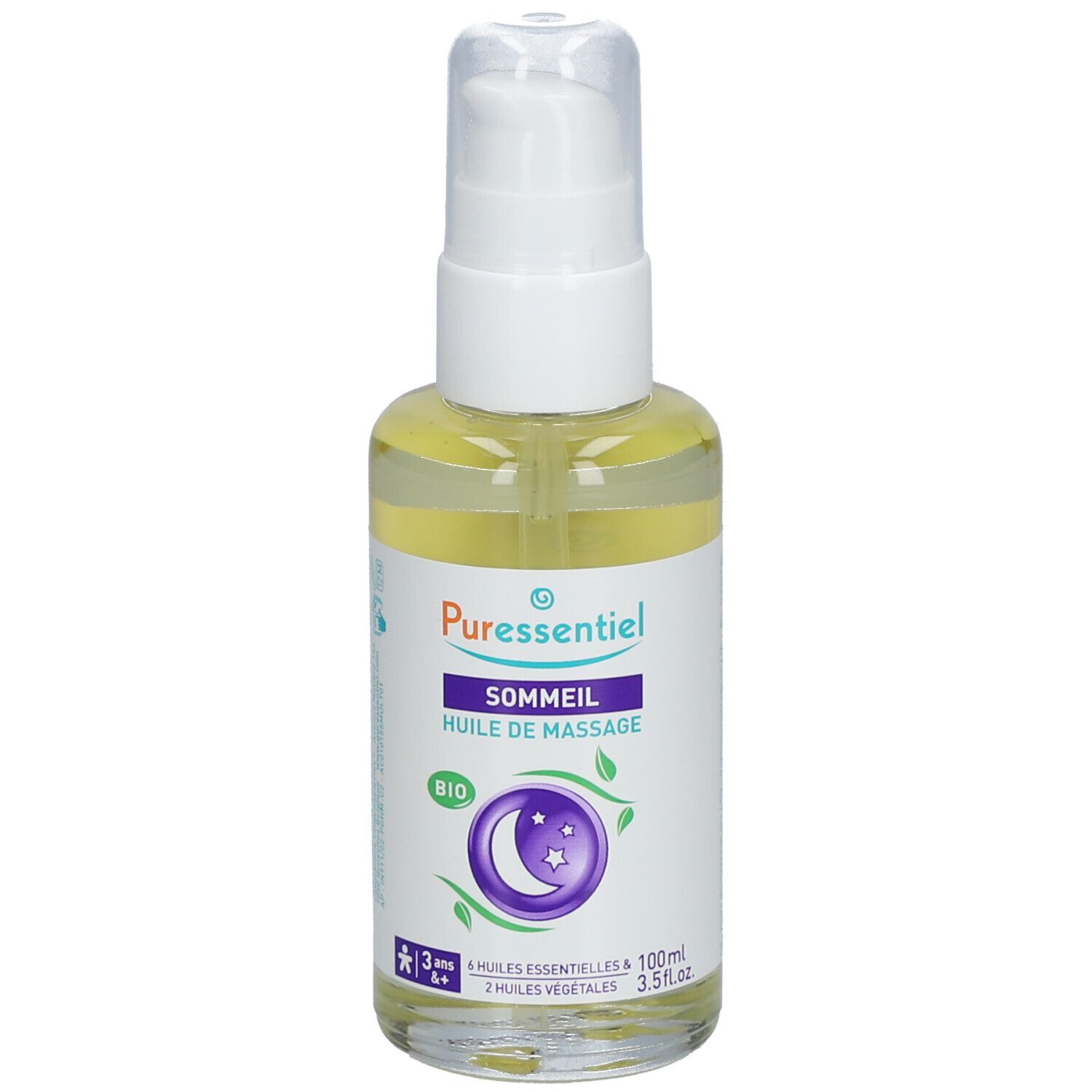 Olio trasparente in flacone bianco con dosatore. Scritta: Puressentiel, Sommeil, Bio. Illustrazione: luna e stelle.