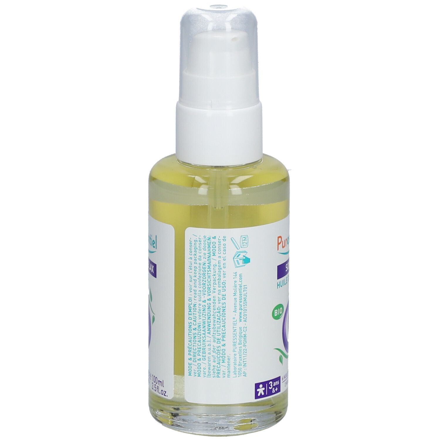 Flacone bianco con dosatore, riempito con liquido trasparente. Scritte e informazioni sull'etichetta. Retro con testo.