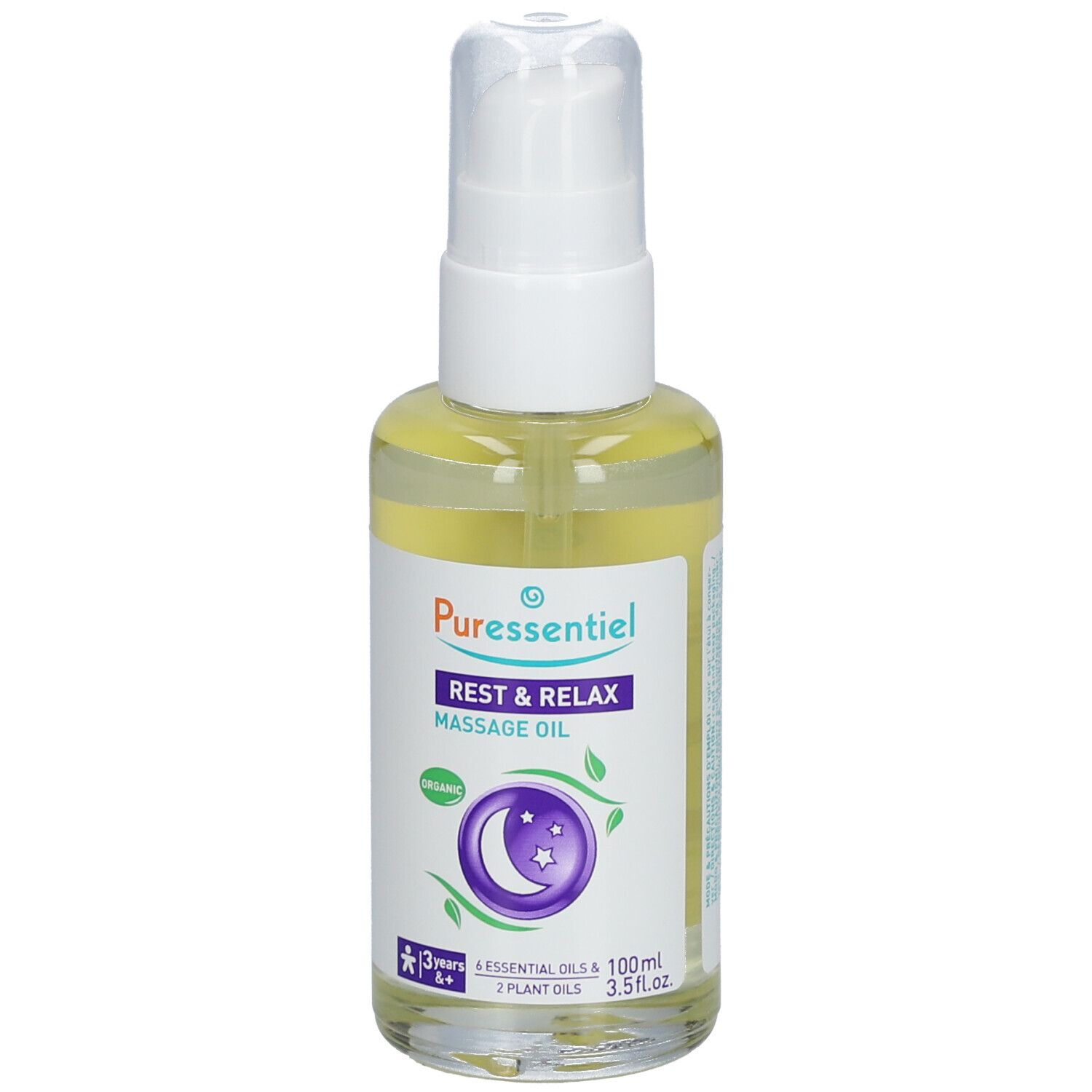 Olio trasparente in flacone bianco con dosatore. Scritta: Puressentiel, Rest & Relax, Massage Oil, Organic. Simbolo luna-stelle.