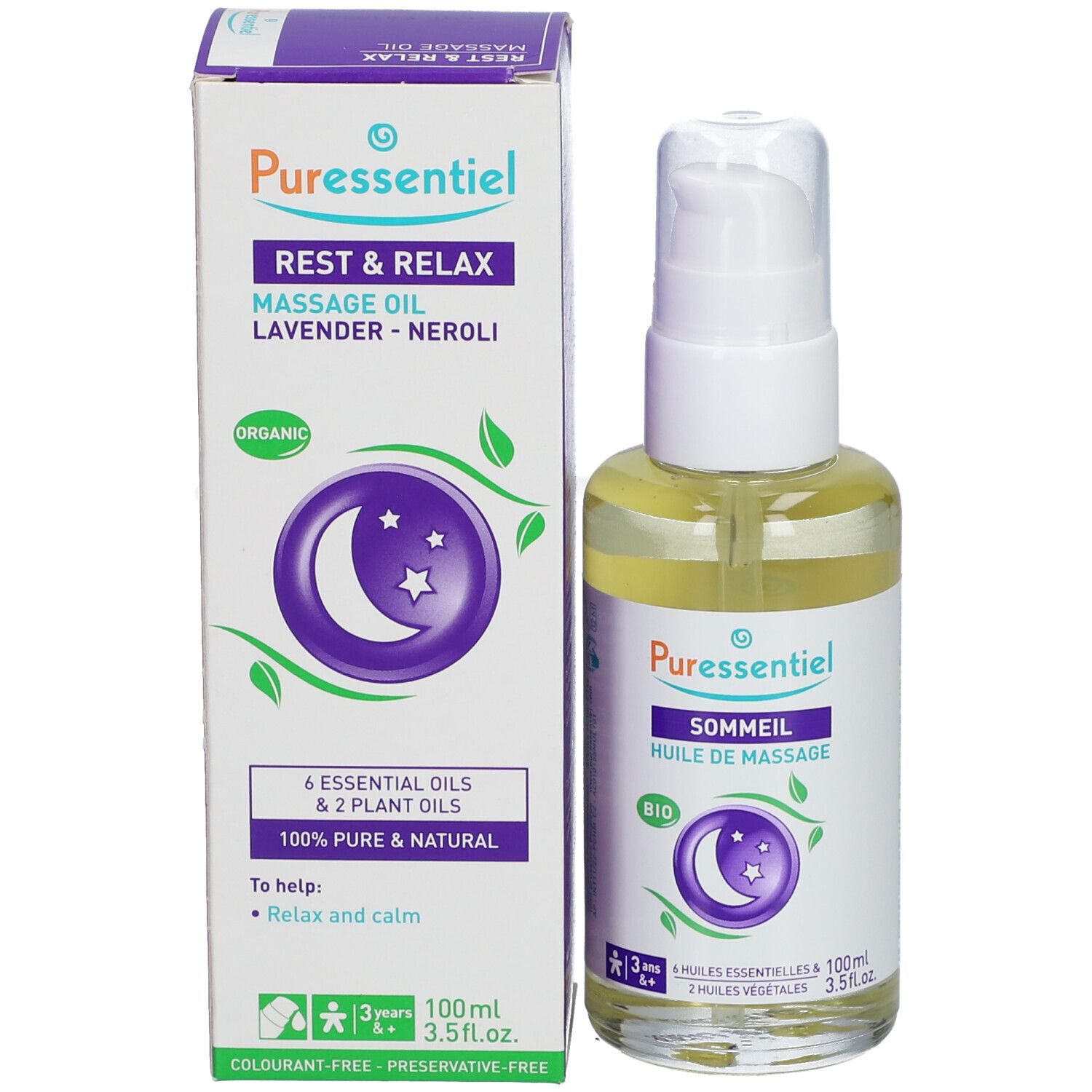 Confezione e flacone. Scritta: Puressentiel, Rest & Relax, Massage Oil, Lavanda-Neroli. Simbolo luna-stelle. Flacone bianco accanto.