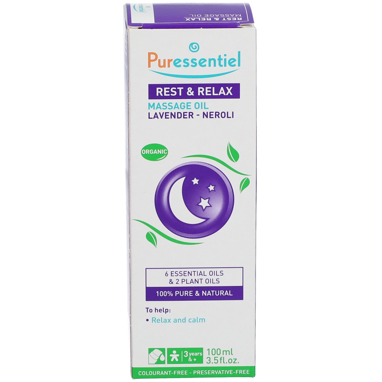 Confezione del prodotto. Scritta: Puressentiel, Rest & Relax, Massage Oil, Lavanda-Neroli. Simbolo luna-stelle. Sigillo Organic.