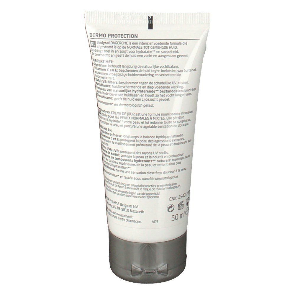 Retro del tubo di crema. Testo con informazioni sul prodotto e dettagli del produttore. 50 ml.