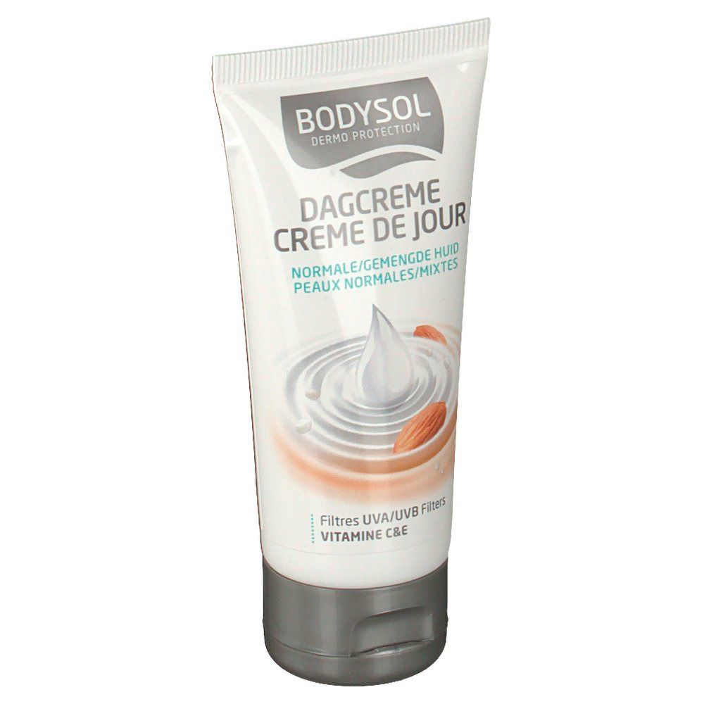 Tubo di crema con nome e illustrazione del prodotto. Contiene filtri UVA/UVB e vitamina C&E. Per pelli normali.