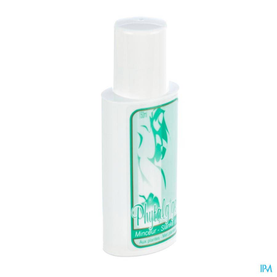 Flacone bianco con tappo bianco. Etichetta con illustrazioni verdi e testo: Phytalg+ Woman Gel, Minceur - Silhouette.