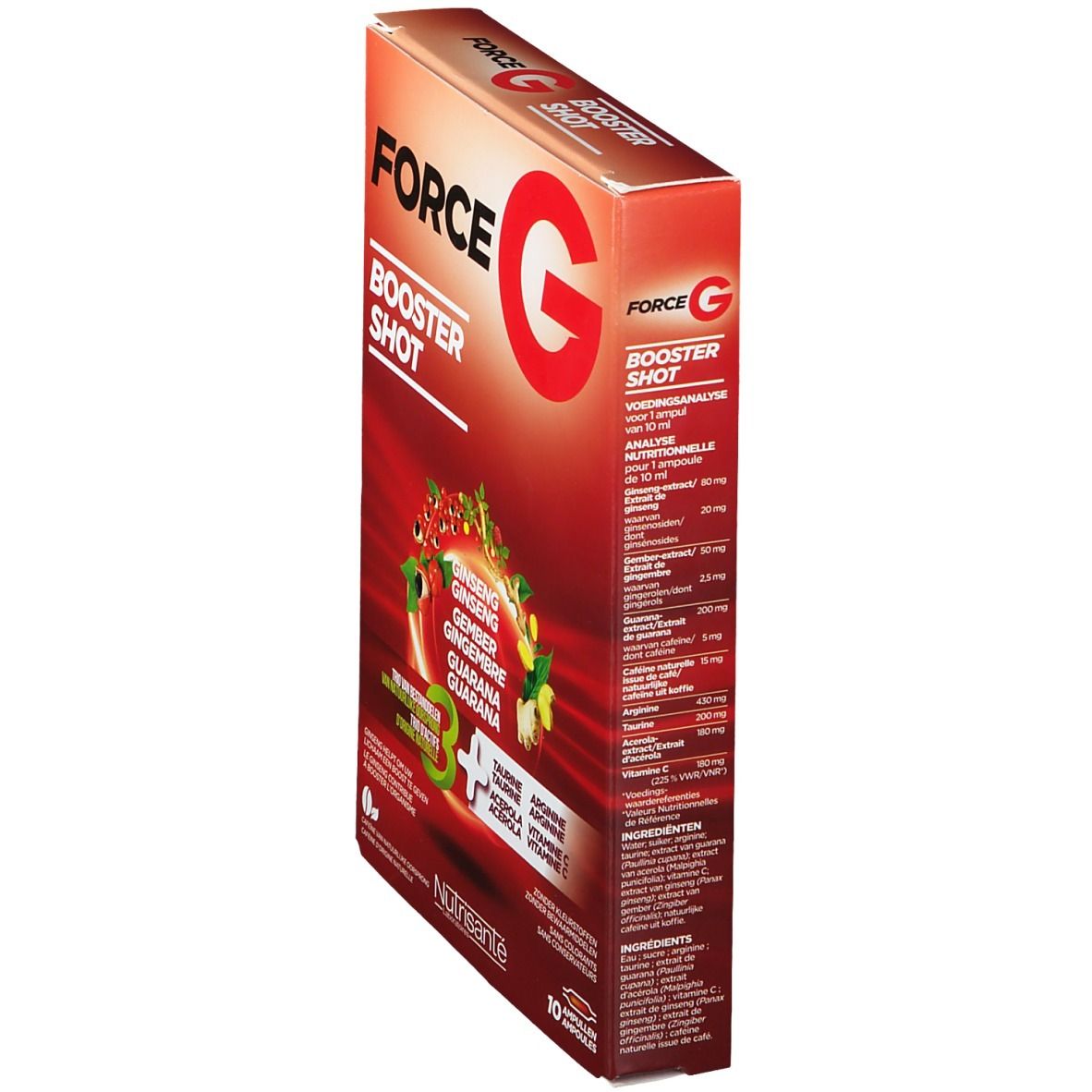Scatola rossa "FORCE G BOOSTER SHOT". Contiene ginseng, zenzero, guaranà. 10 fiale. Marca: Nutrisante. Vista laterale.