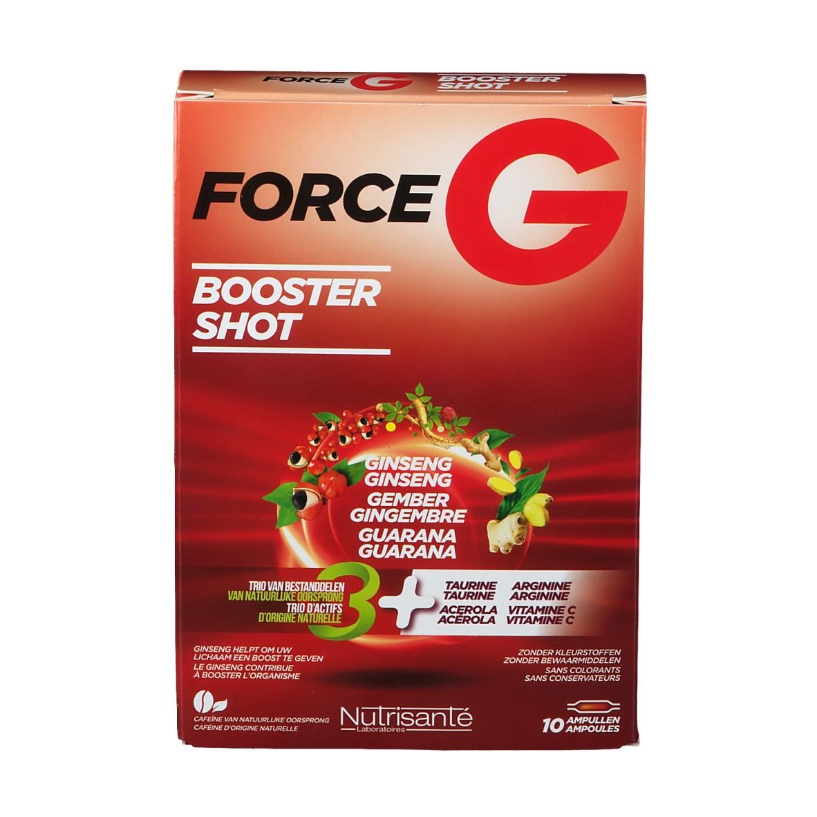 Scatola rossa "FORCE G BOOSTER SHOT". Contiene ginseng, zenzero, guaranà. 10 fiale. Marca: Nutrisante. Vista dall'alto.