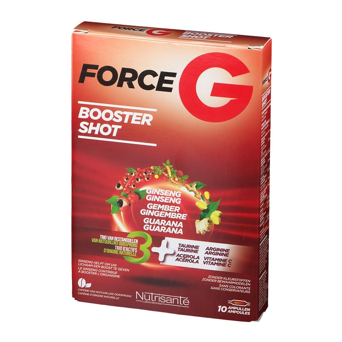 Scatola rossa "FORCE G BOOSTER SHOT". Contiene ginseng, zenzero, guaranà. 10 fiale. Marca: Nutrisante. Vista frontale.