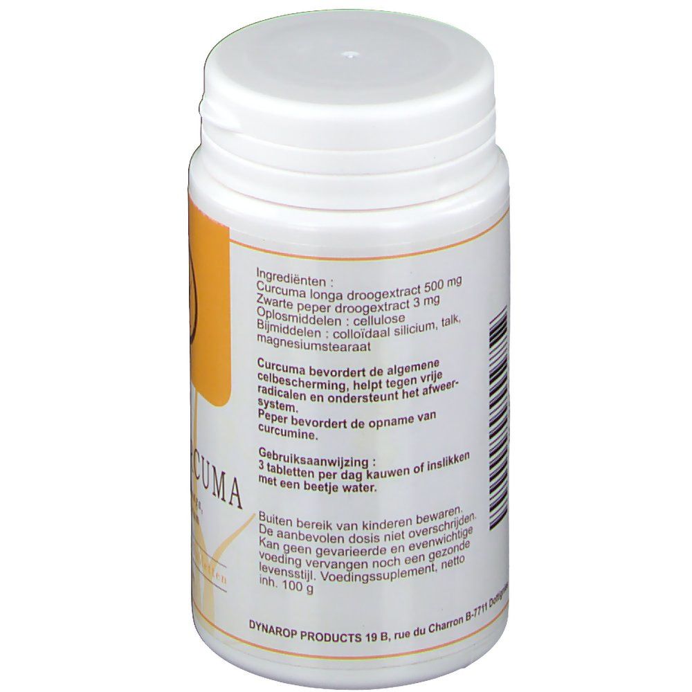 Retro del flacone di compresse. Elenco ingredienti, istruzioni per l'uso. Testo in tedesco e olandese.