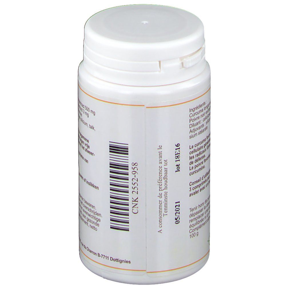 Flacone di compresse, retro. Codice a barre, data di scadenza 05/2021. Testo in tedesco e francese.