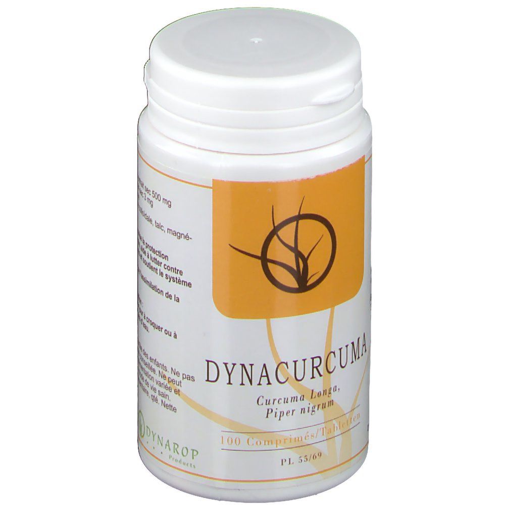 Flacone di compresse, fronte. Scritto: Dynacurcuma, Curcuma Longa, Piper nigrum. 100 compresse.