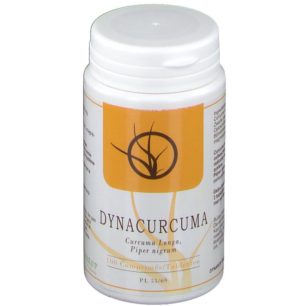 Flacone di compresse, fronte. Scritto: Dynacurcuma, Curcuma Longa, Piper nigrum. 100 compresse.
