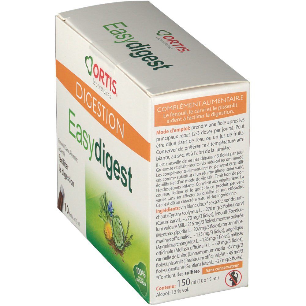 Scatola "Ortis Easy Digest". Scritta "Digestion", "150 ml". Elenco ingredienti. Etichetta "100% naturelle".