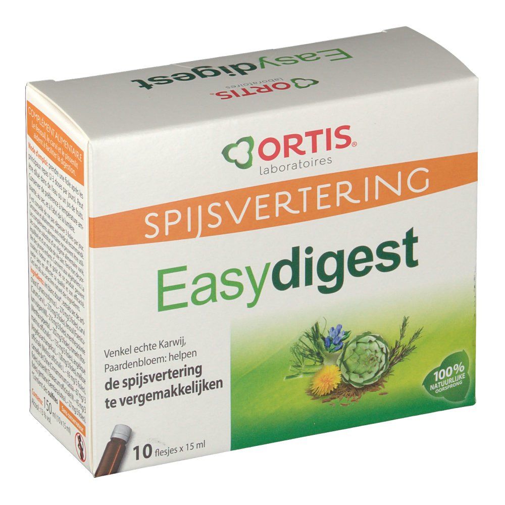 Scatola "Ortis Easy Digest". Scritta "Spijsvertering", "10 flesjes x 15 ml". Illustrazioni di piante. Etichetta "100% naturelle".