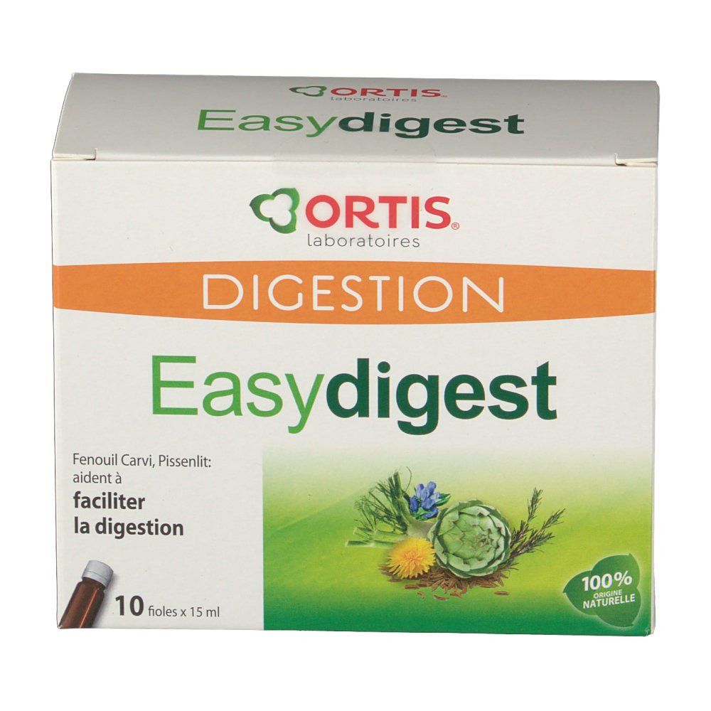 Scatola "Ortis Easy Digest". Scritta "Digestion", "10 fiale x 15 ml". Illustrazioni di piante. Etichetta "100% naturelle".
