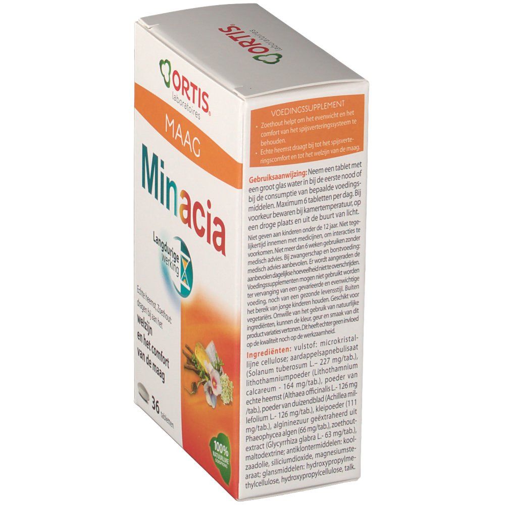 Retro della scatola Ortis Minacia. Testo: voedingssupplement. Ingredienti. 36 compresse. 100% naturale.