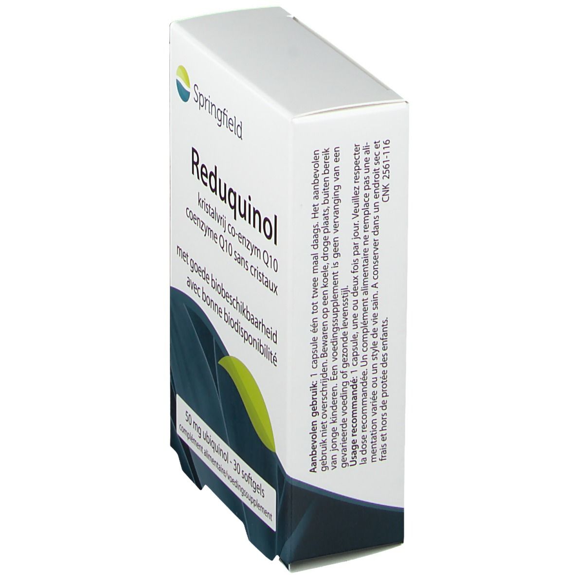 Scatola Springfield Reduquinol 50 mg, vista laterale. Testo: kristalvrij co-enzym Q10, 30 capsule. Confezione bianca con design blu.
