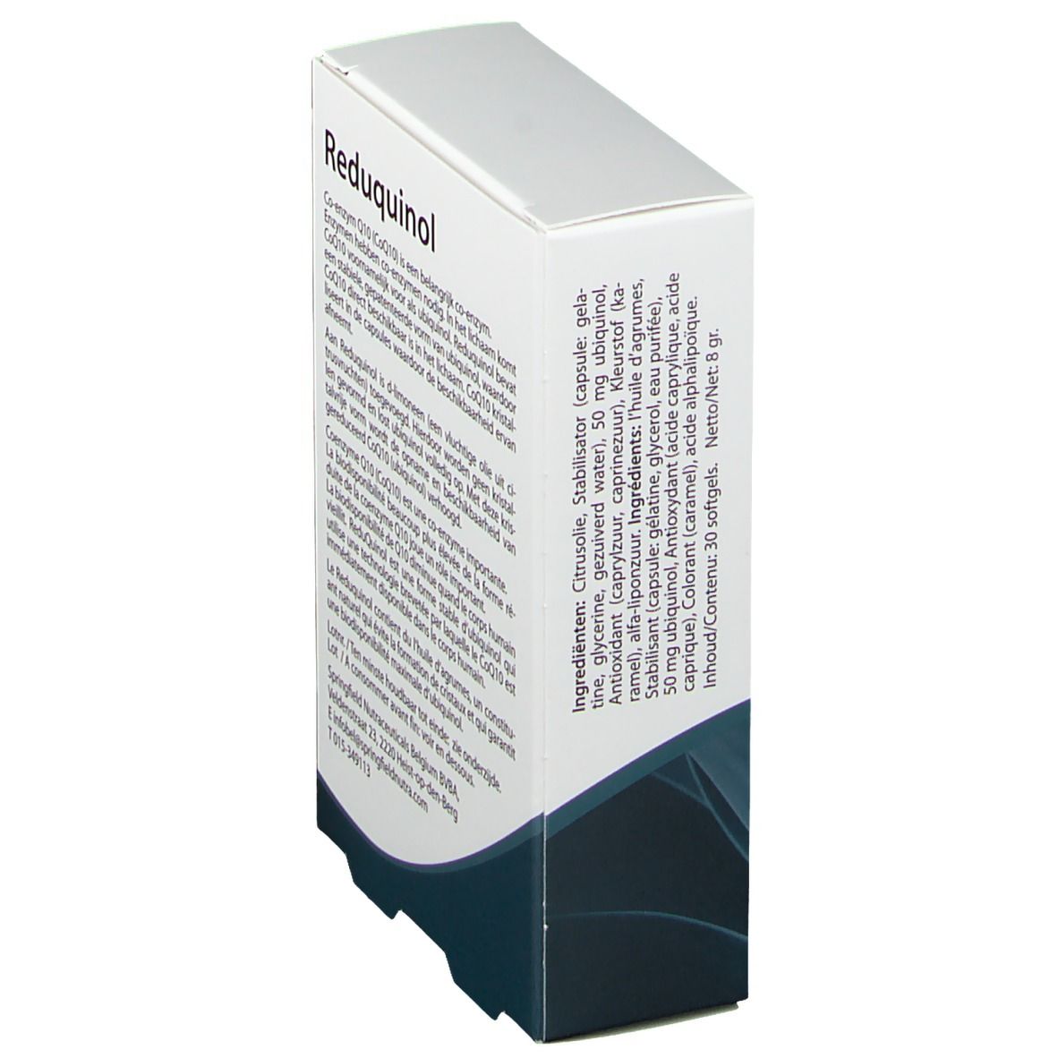 Scatola Springfield Reduquinol 50 mg, vista laterale con ingredienti. Confezione bianca con design blu.