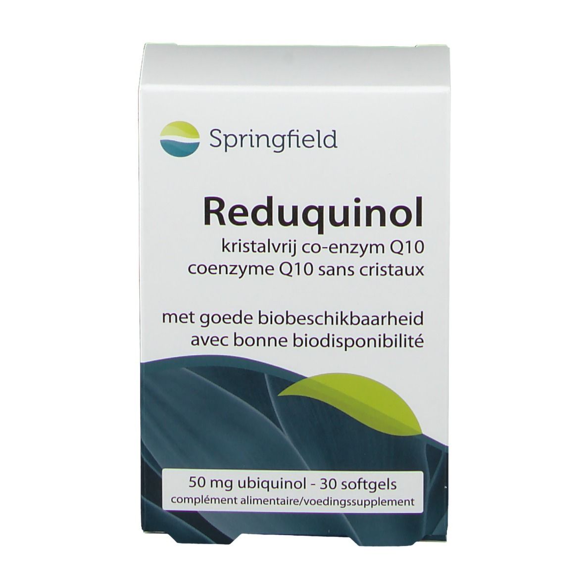 Scatola di Springfield Reduquinol 50 mg. Scritta: kristalvrij co-enzym Q10, 30 capsule. Confezione bianca con design blu.