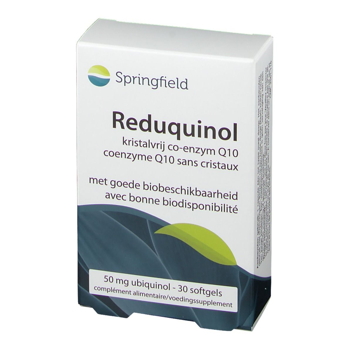 Scatola di Springfield Reduquinol 50 mg. Scritta: kristalvrij co-enzym Q10, 30 capsule. Confezione bianca con design blu.