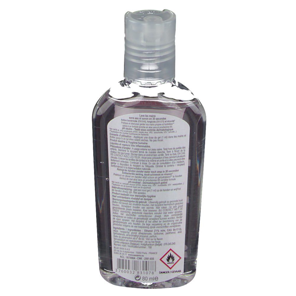 Retro di un flacone trasparente con testo. Avvertenze e ingredienti.