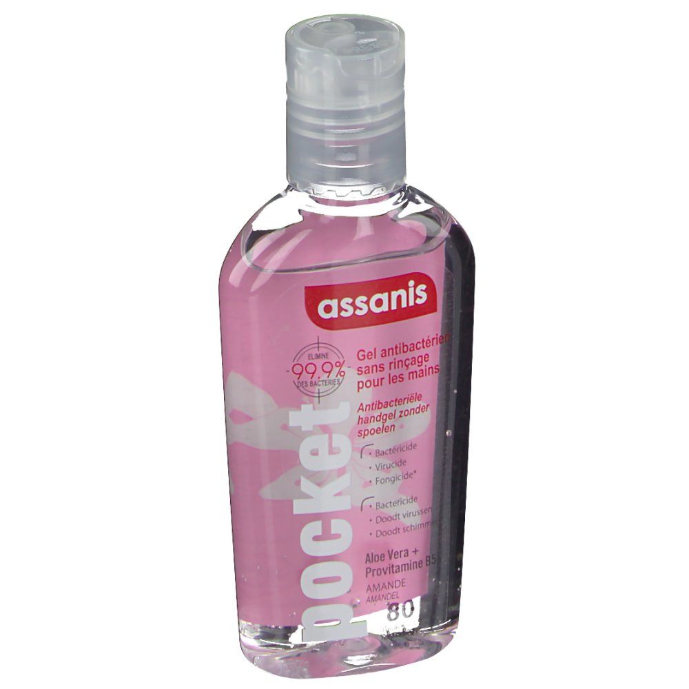 Flacone trasparente con liquido rosa. Scritte: assanis, pocket, Gel antibactérien, 99,9%.