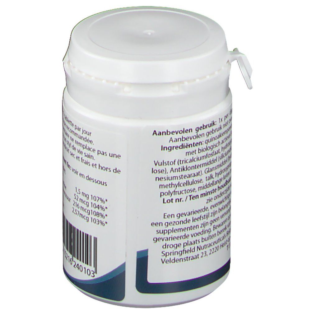 Confezione bianca di compresse con etichetta. Contiene informazioni sugli ingredienti e le istruzioni per l'uso. Marchio Springfield.