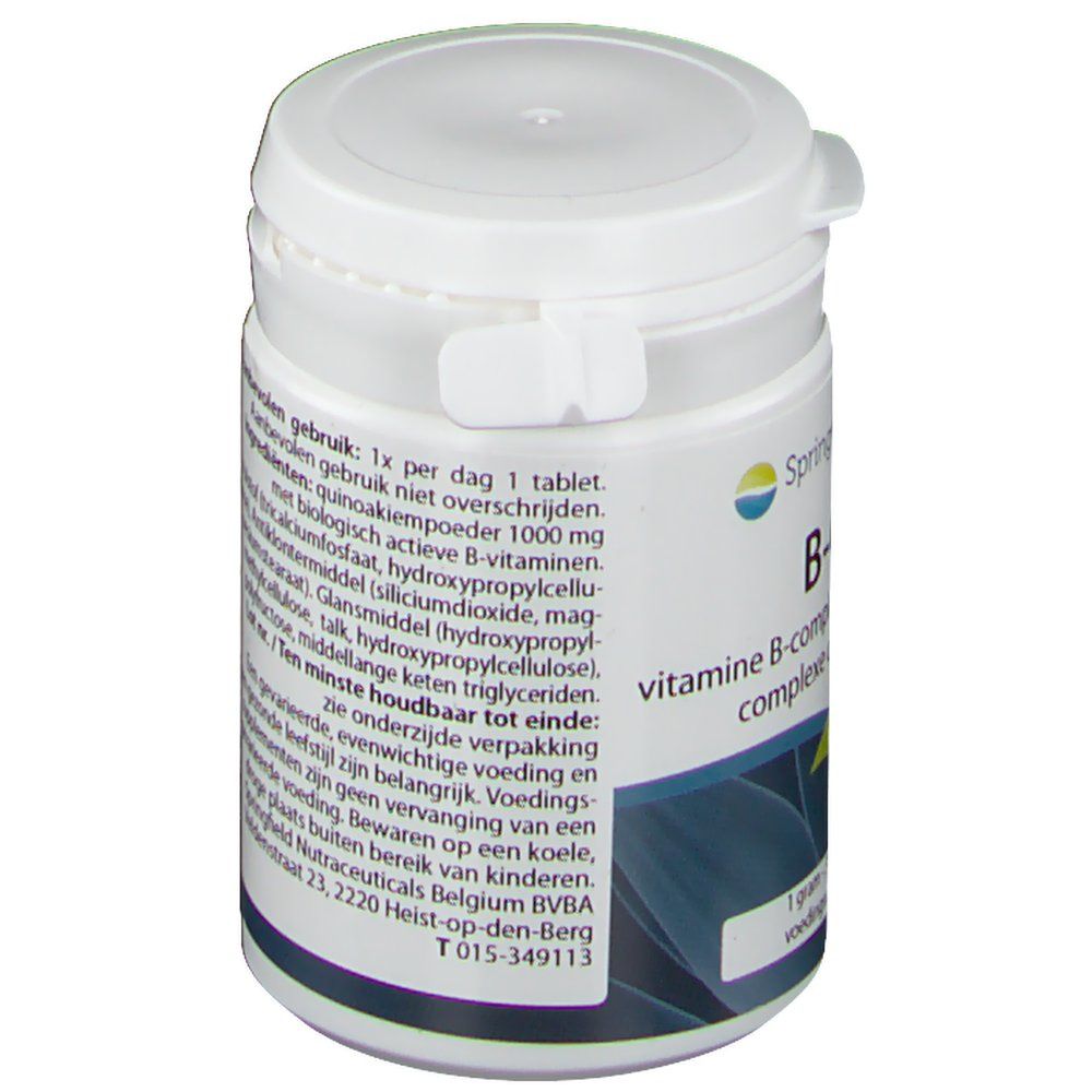 Confezione bianca di compresse con etichetta. Contiene informazioni sugli ingredienti e le istruzioni per l'uso. Marchio Springfield.