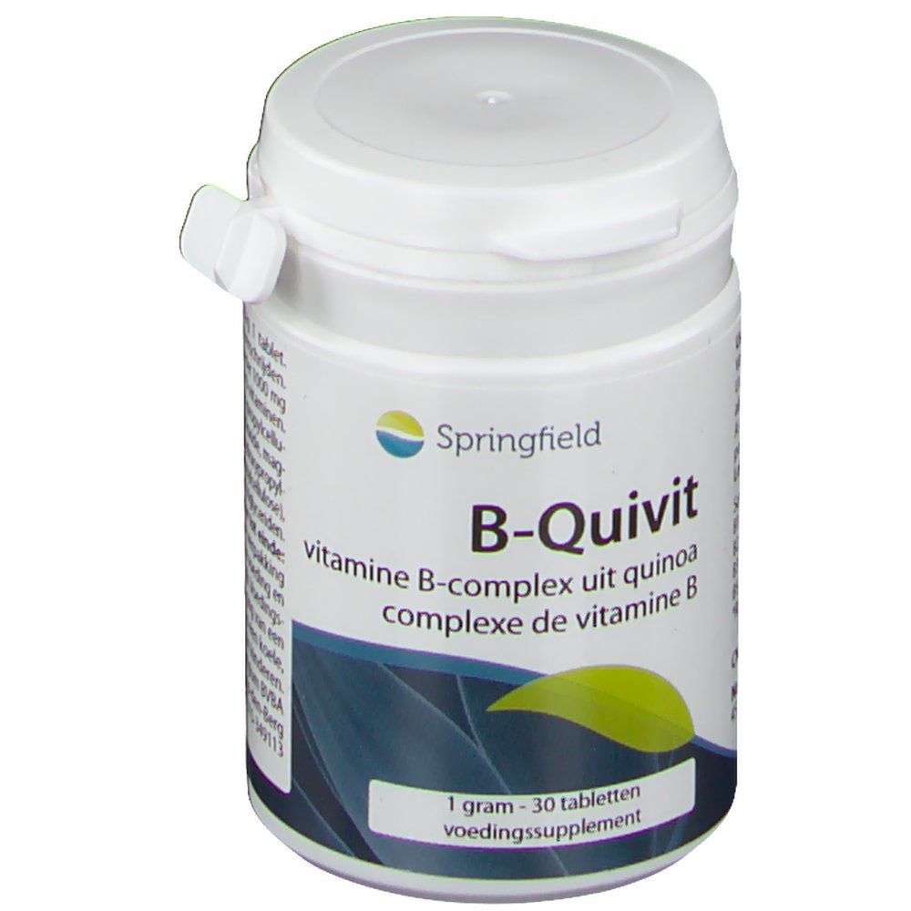 Confezione bianca di compresse B-Quivit. Contiene 30 compresse. Marchio Springfield.