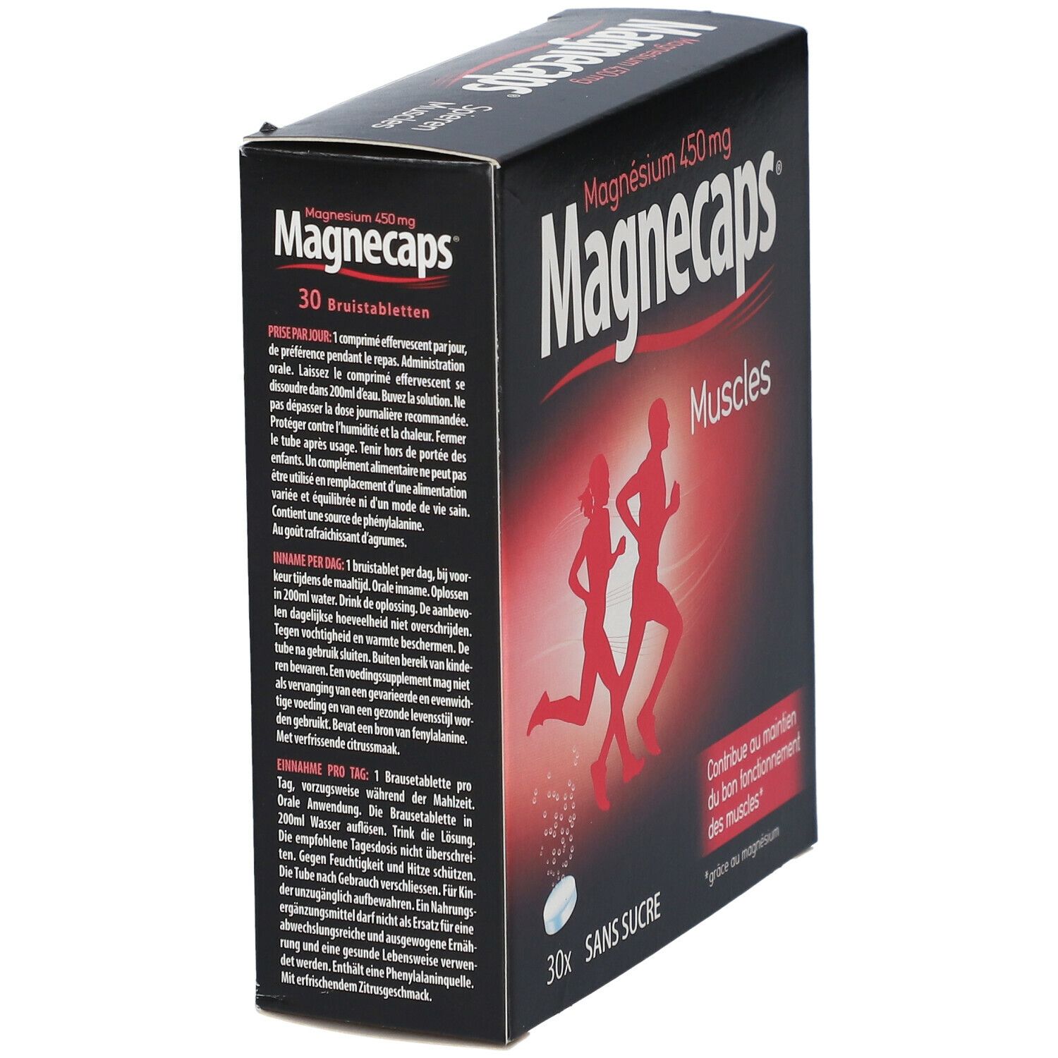 Scatola nera Magnecaps Muscles. Silhouette rossa di corridori. 30 compresse, senza zucchero. Testo in francese e tedesco.
