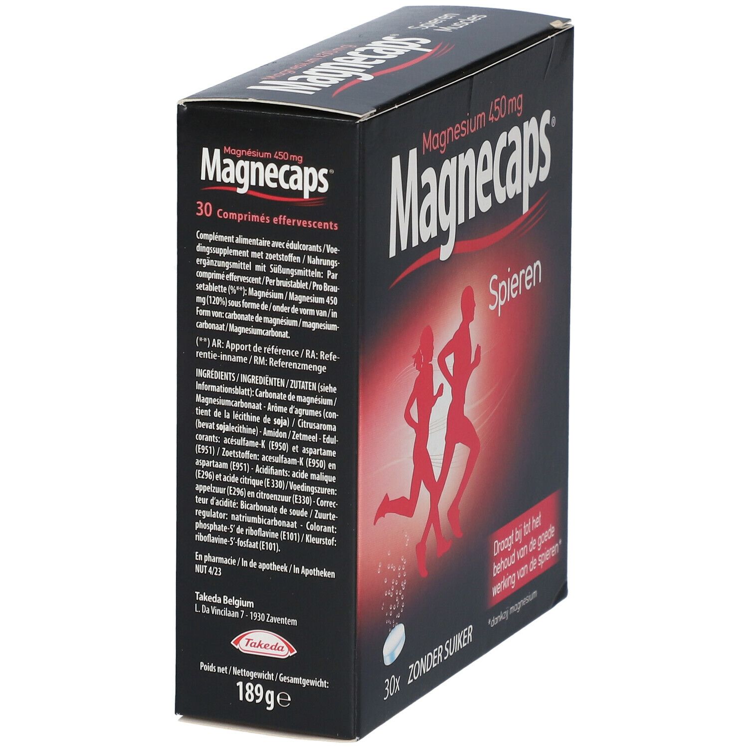 Scatola nera Magnecaps Spieren. Silhouette rossa di corridori. 30 compresse, senza zucchero. Testo in olandese.
