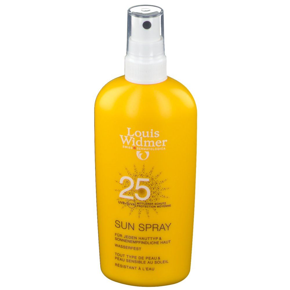 Flacone spray giallo con erogatore bianco. Stampa: Louis Widmer, 25, Sun Spray, UVB+UVA, per tutti i tipi di pelle.