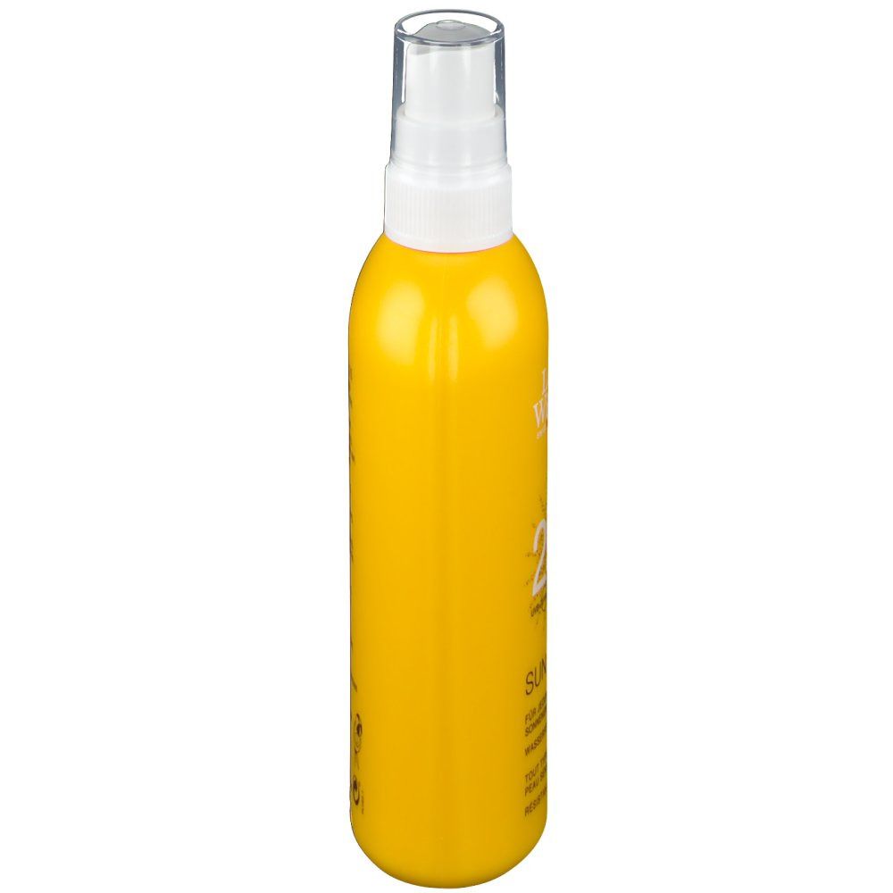 Flacone spray giallo, vista laterale. Stampe con informazioni sul prodotto e dati del produttore.