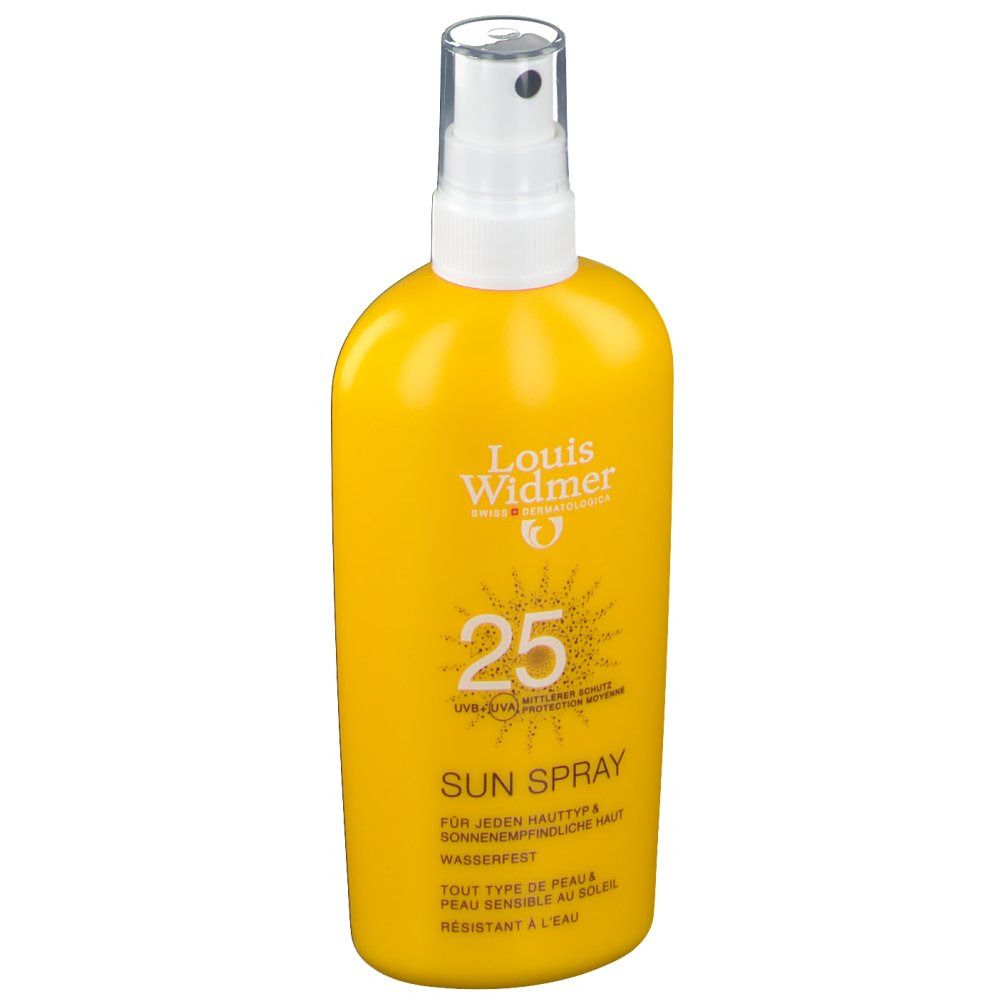 Flacone spray giallo con erogatore bianco. Stampa: Louis Widmer, 25, Sun Spray, UVB+UVA, per tutti i tipi di pelle.