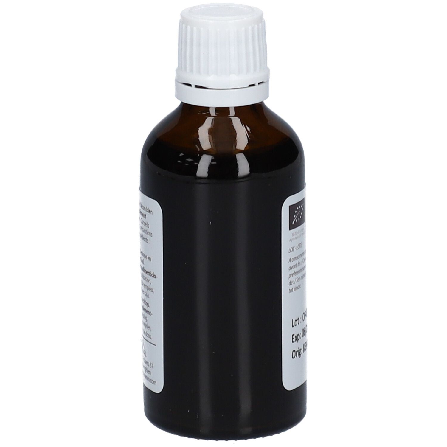 Flacone di vetro marrone con tappo bianco. Etichette con testo. Sigillo bio.