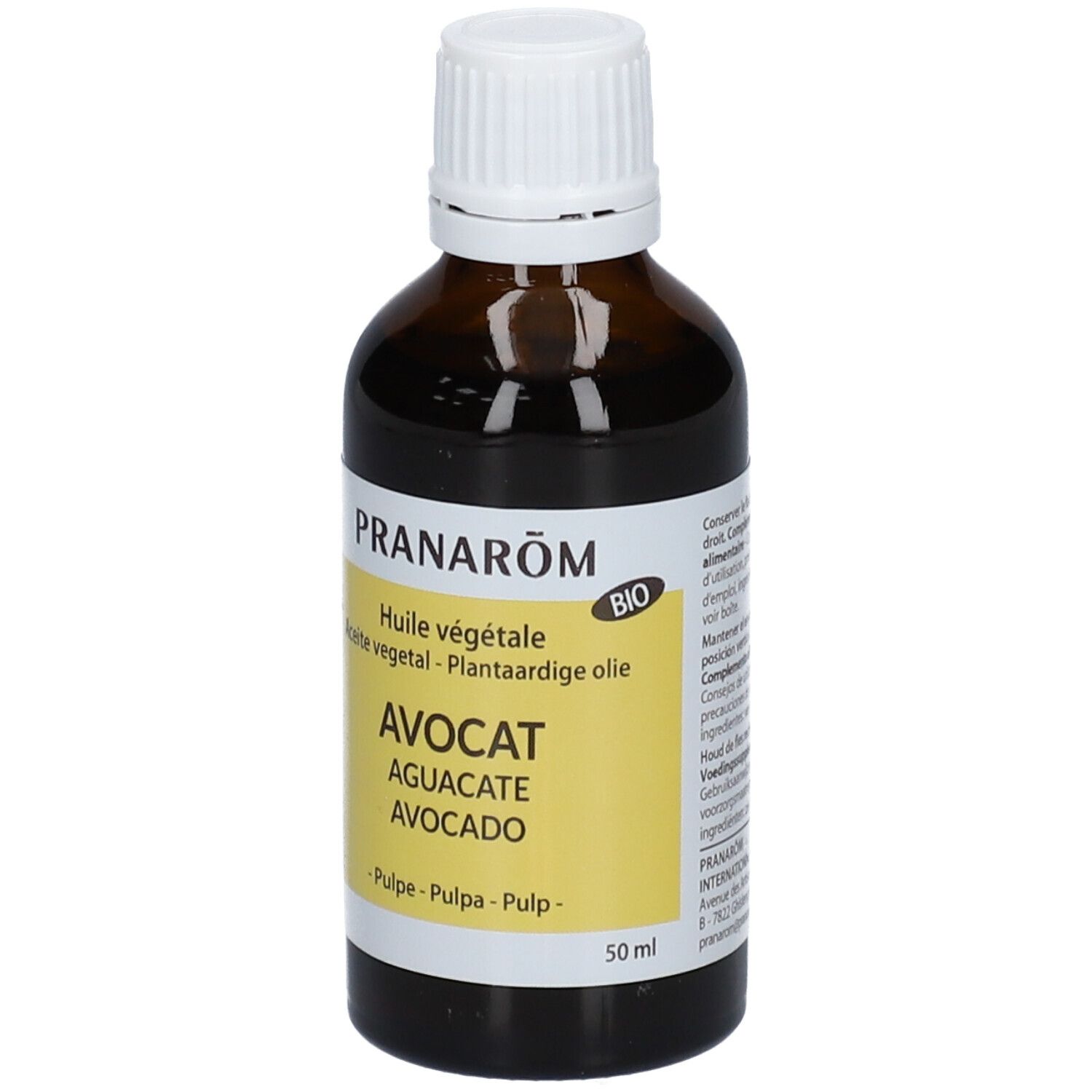 Flacone di vetro marrone con tappo bianco. Etichetta gialla con nome del prodotto e marchio Pranarôm. Sigillo bio.
