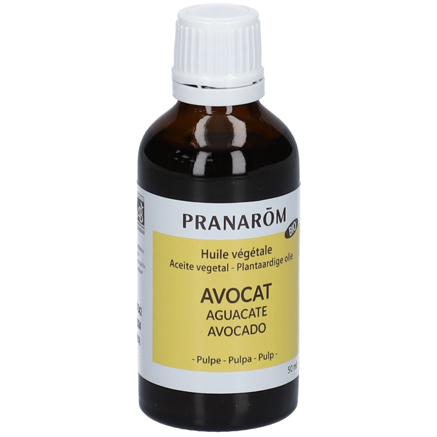 Bottiglia di olio di avocado Pranarom con etichetta gialla che mostra "AVOCAT" e "BIO".