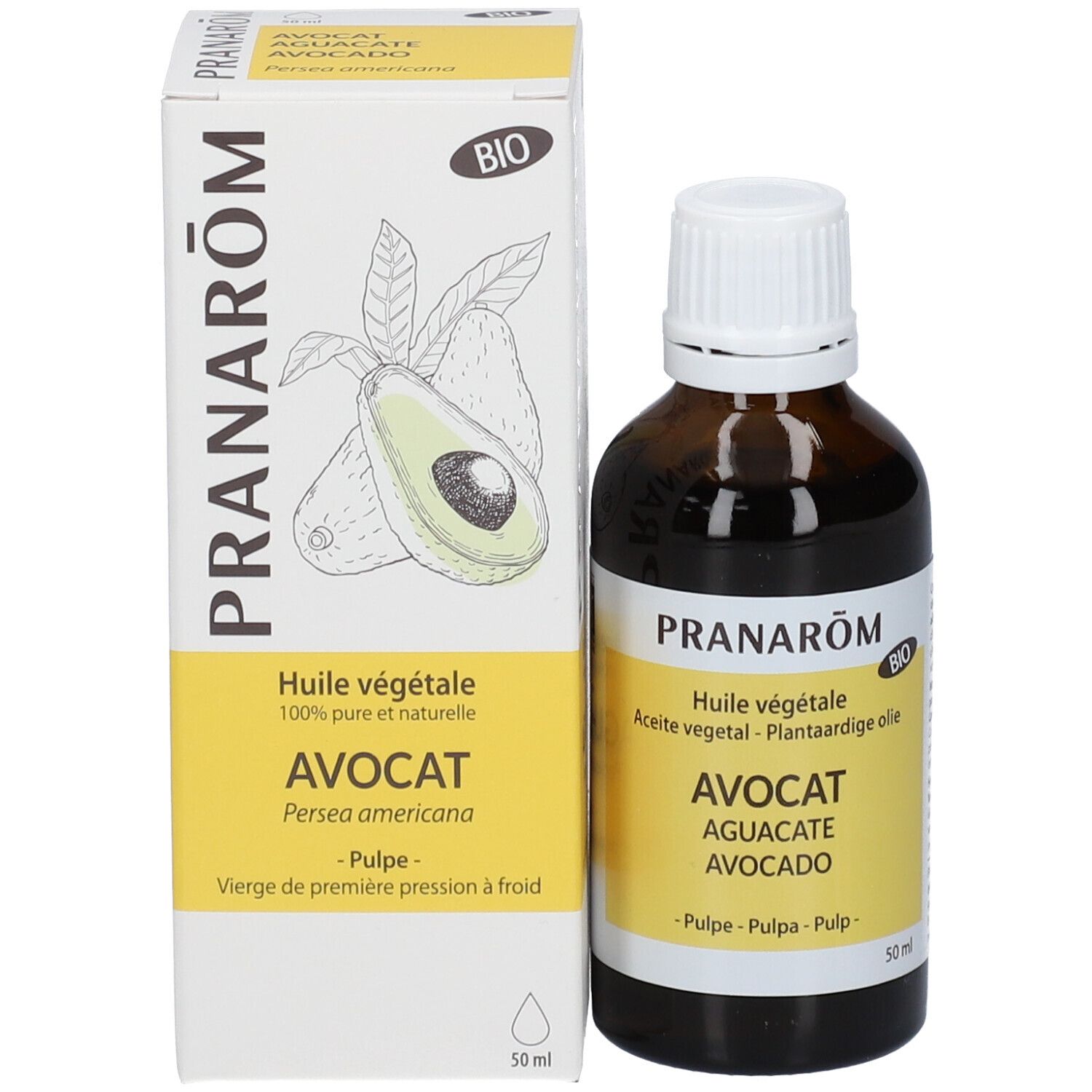 Confezione e bottiglia di olio di avocado Pranarom, con simbolo di avocado e sigillo bio.