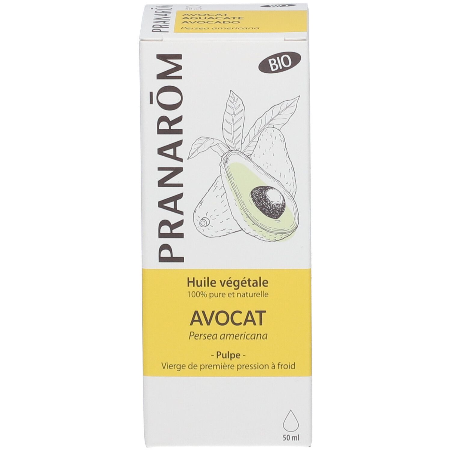 Confezione di olio di avocado Pranarom con illustrazione di avocado e certificazione bio.