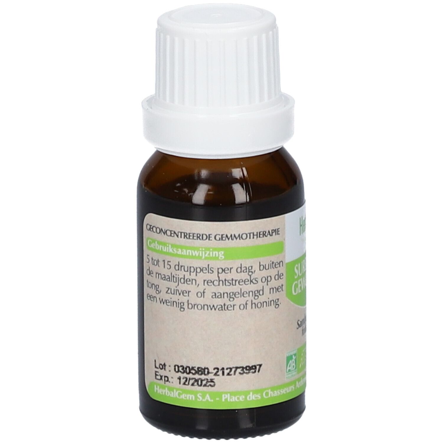 Flacone di vetro marrone con tappo bianco. Etichetta con testo e logo HerbalGem. Istruzioni per l'uso.