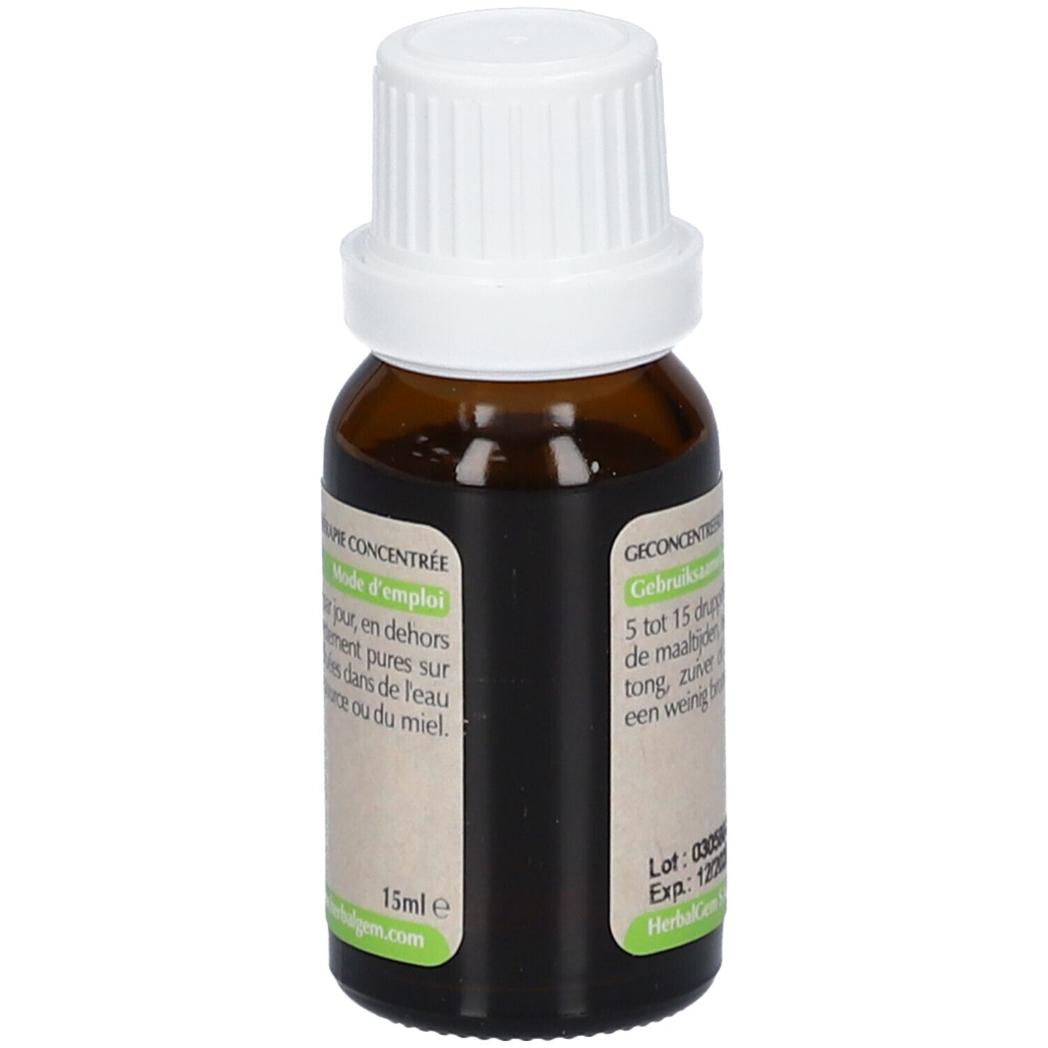 Flacone di vetro marrone con tappo bianco. Etichetta con testo e logo HerbalGem. 15ml.