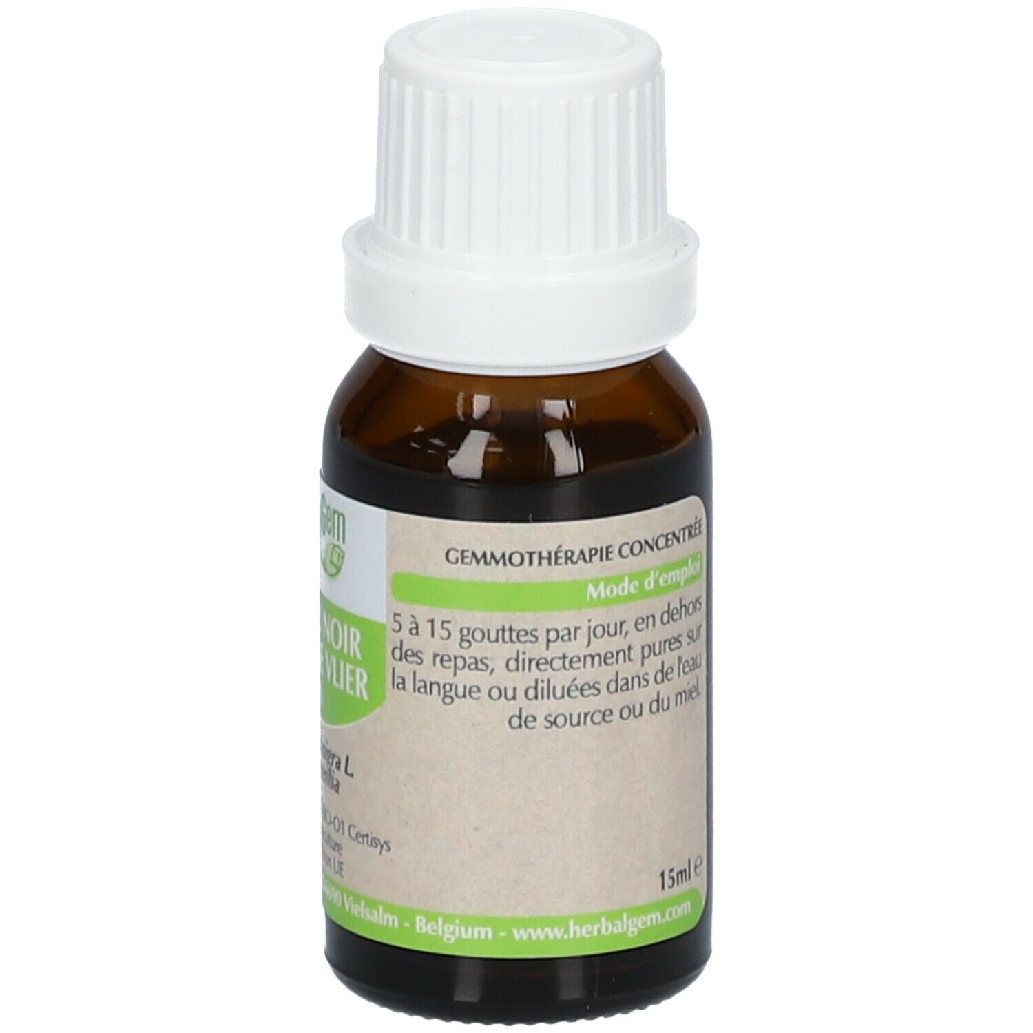 Flacone di vetro marrone con tappo bianco. Etichetta con testo e logo HerbalGem. 15ml.