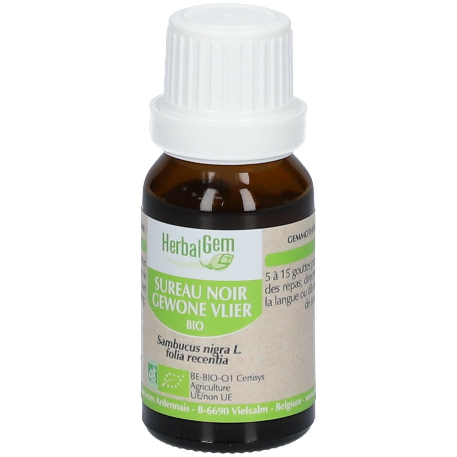 Flacone di vetro marrone con tappo bianco. Etichetta con testo e logo HerbalGem. Certificazione bio.