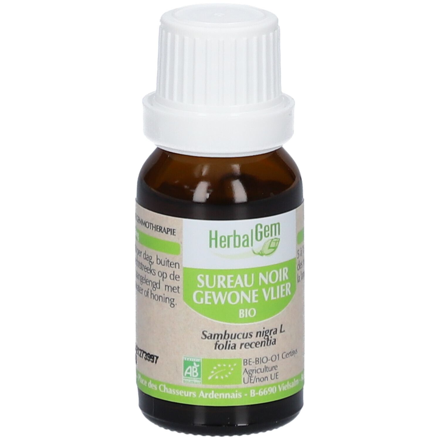 Flacone di vetro marrone con tappo bianco. Etichetta con testo e logo HerbalGem. Certificazione bio.