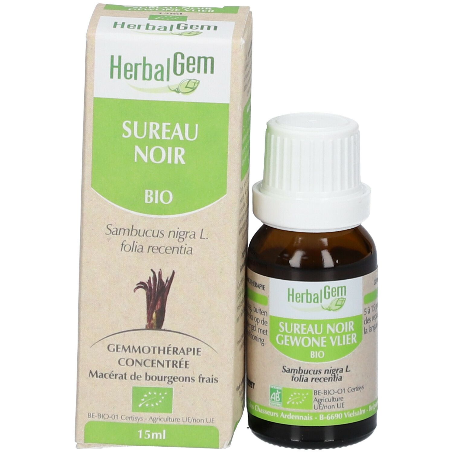 Confezione e flacone. Confezione con testo e logo HerbalGem. Flacone con tappo bianco.