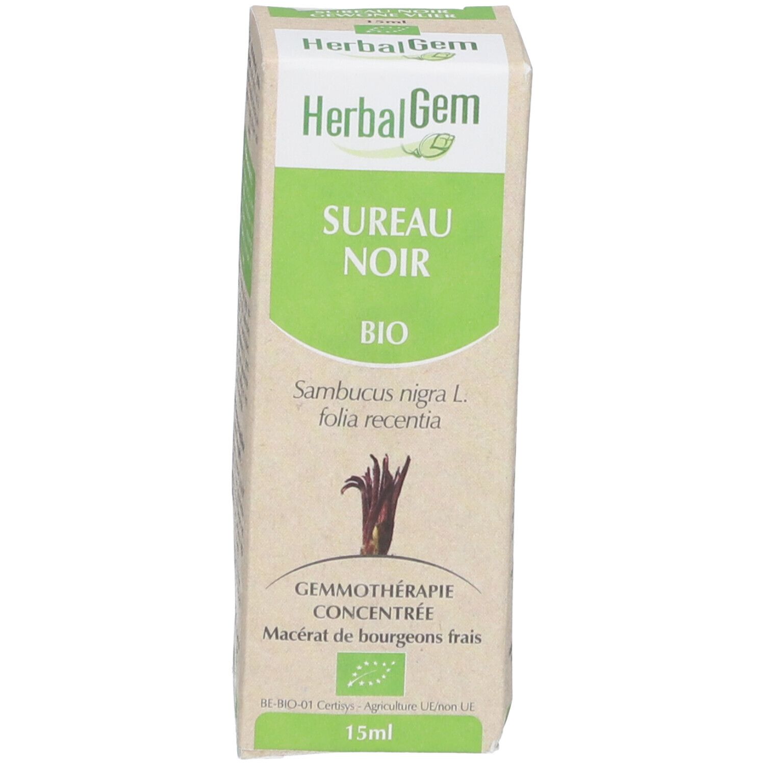 Confezione del prodotto. Confezione con testo e logo HerbalGem. 15ml.