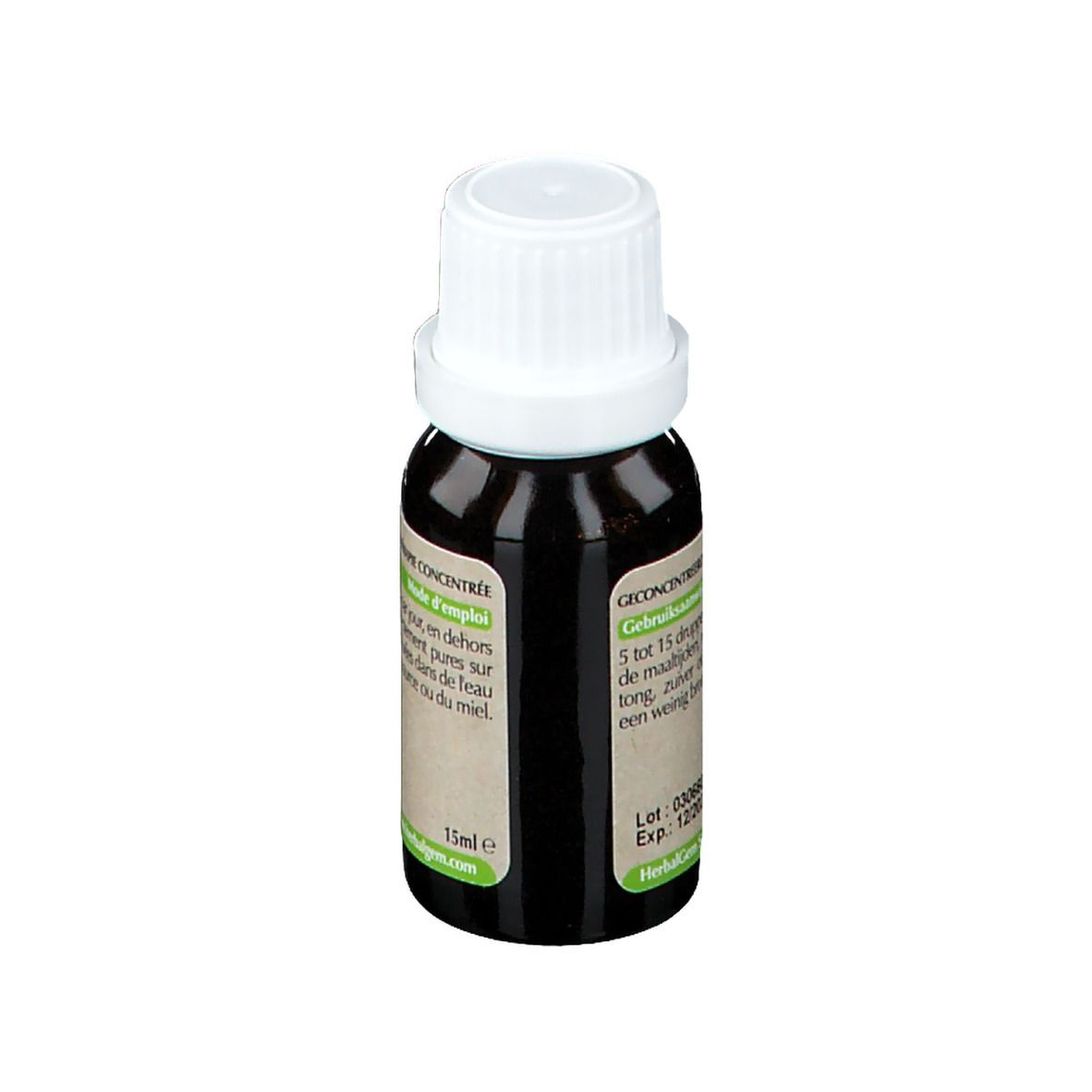 Flacone di vetro marrone con tappo bianco. Etichetta con testo e logo. Indicazioni di dosaggio.