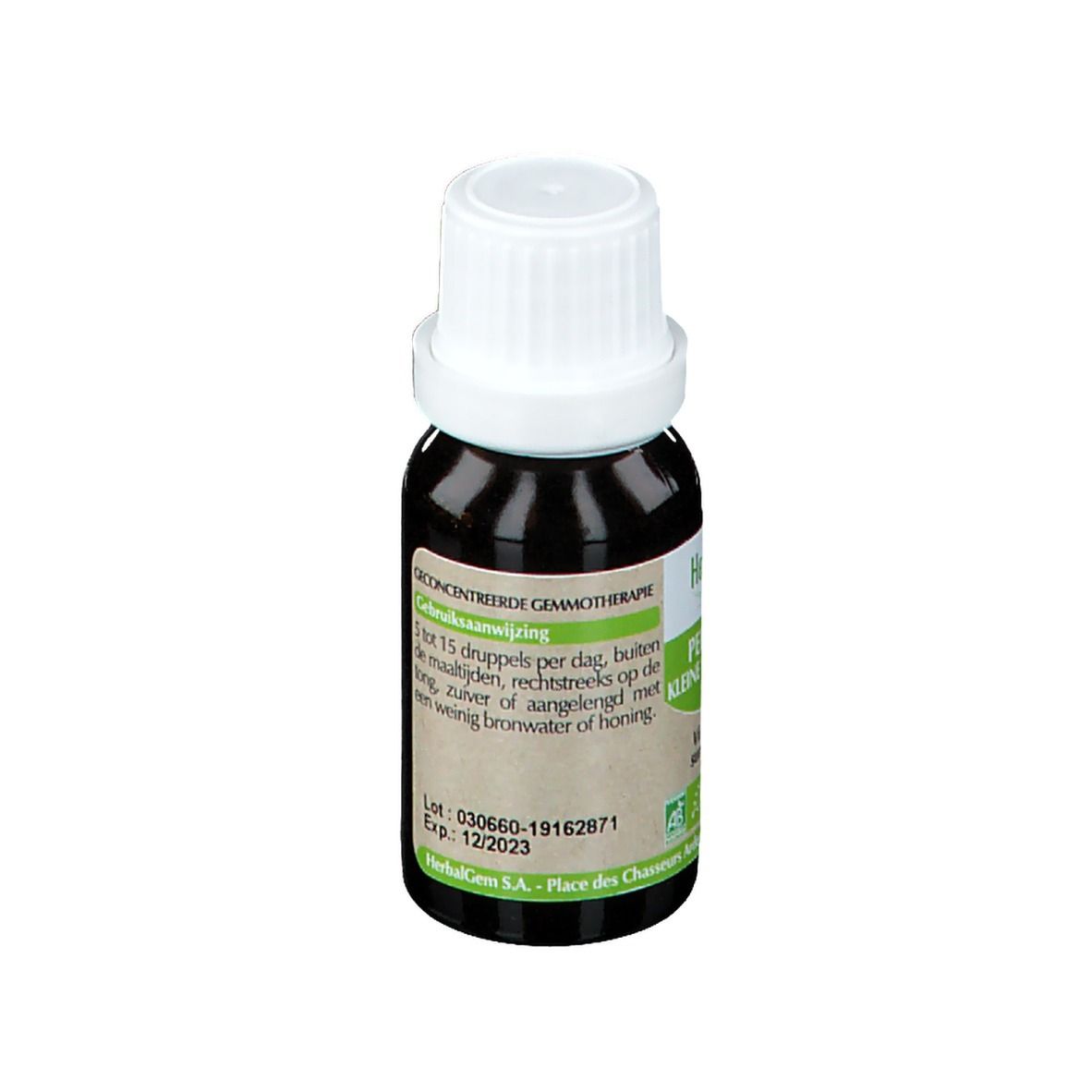 Flacone di vetro marrone con tappo bianco. Etichetta con testo e logo. Dosaggio e data di scadenza.